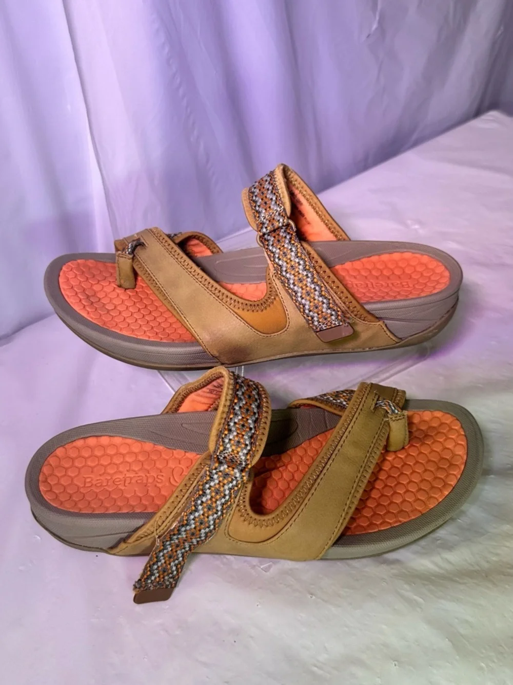 BareTraps Tan Slide Sandals with Orange Footbed and Braided Straps - Picture 2 of 8